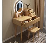 Mesa de maquillaje de madera con taburete acolchado y luces LED redondas, escritorio de maquillaje compacto para dormitorio, amplio almacenamiento para niñas y mujeres, elegante estación de belleza