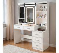 Mesa de Maquillaje Grande con Espejo y Taburete, Tocador Cosmético con 5 Cajones, 4 Estantes Abiertos y 5 Ganchos para Joyas, Tocador con Iluminación LED para Dormitorio, 120X40X150Cm