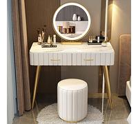 Mesa de maquillaje iluminada regulable con cajón y compartimentos, tocador blanco con o sin taburete para dormitorio y sala de maquillaje, diseño elegante y funcional