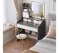 Mesa de maquillaje LED con brillo ajustable, 3 modos de color, juego de tocador grande de 2 cajones con espejo y silla (color: A tamaño: mesa + silla)