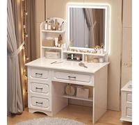 Mesa de maquillaje LED con espejo, 3 colores de luz, escritorio de maquillaje con 4 cajones de almacenamiento, 130 x 80 x 37 cm, mesa cosmética elegante, color blanco, no incluye taburete