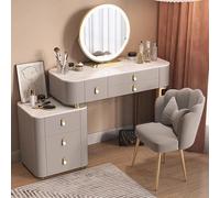 Mesa de maquillaje LED con espejo, tocador de metal, juego de piel para dormitorio con taburete y armario lateral, estadística de maquillaje Slish con patas de metal