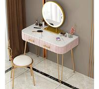 Mesa de maquillaje LED con espejo y taburete de nudo de mariposa, parte superior de mármol, espacioso cajón de almacenamiento, tocador de princesa para dormitorio de niñas y vestidor. Elegante juego