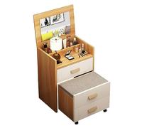 Mesa de maquillaje moderna con cajones reversibles de espejo de alta definición, taburete de almacenamiento y mesita de noche, diseño integrado para dormitorio, color nogal