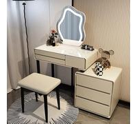 Mesa de maquillaje para dormitorio con espejo LED y taburete acolchado, organizador de cosméticos moderno, 6 cajones y almacenamiento de joyas (gris, 80 cm)