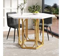 Mesa de mármol hexagonal, 1 pieza, mesa de cocina rectangular, mesa de desayuno, patas de metal, patrón de mármol, dorado, 110,2 x 95,4 x 75,5 cm (largo x ancho x alto)