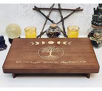 mesa de meditación, altar pequeño, altar de bruja de madera, alterador wiccano, santuario budista, fase lunar grabada y el árbol de la vida, 12 x 8 pulgadas