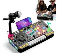 Mesa de mezclas DJ para niños de 3 a 10 años, controlador de DJ con micrófono y luces LED, 100 + efectos de sonido, teclado piano, batería, juguete de regalo para principiantes de DJ niños y niñas