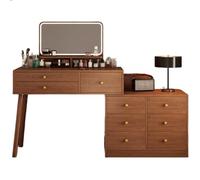 Mesa de nogal con espejo y luces, tocador de maquillaje con puertas y armario para dormitorio o vestidor, piel elegante y funcional