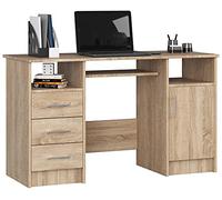 Mesa de ordenador Ana, Mueble Escritorio con 3 cajones, 1 estante con puerta, 2 estantes abiertos, 124 x 74 x 52 cm, 45 kg