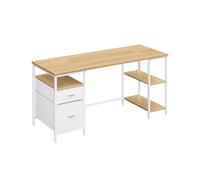 VASAGLE Mesa de Ordenador, Mesa de Oficina, con 3 Estantes, 2 Cajones, 160 x 60 x 76 cm, para Oficina, Salón, Estilo Moderno, Roble Natural y Blanco Nube LWD105YD01
