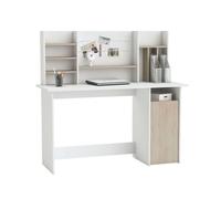 Mesa de ordenador escritorio con altillo 135cm. blanco y roble. para habitación juvenil, estudio, despacho.