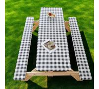 Mesa de picnic con fundas de banco, mantel elástico con patrón geométrico Oxford, impermeable, resistente al aceite, revestimiento de TPU para mesas y asientos rectangulares, patio, camping, jardín