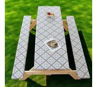 Mesa de picnic con fundas de banco, mantel elástico con patrón geométrico Oxford, impermeable, resistente al aceite, revestimiento de TPU para mesas y asientos rectangulares, patio, camping, jardín