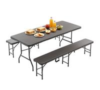 Mesa de picnic plegable con 2 bancos - Juego de camping de 3 piezas, mesa de cerveza de 6 pies de HDPE con patrón de árbol, bloqueo de seguridad, resistente a los rayos UV y al agua, marrón, para
