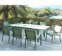 Mesa de Pranzo de Jardín en Aluminio Verde Acqua NAURU: mesa extensible. 180/240cm 8 sillones impilabili. Bracciolo en acacia
