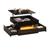 Mesa de salón elevable, mesa auxiliar, mesa de centro de alto brillo con barra de luz LED, mesa de sofá con 2 cajones, mesa de café con diseño geométrico y espacio de almacenamiento oculto, color