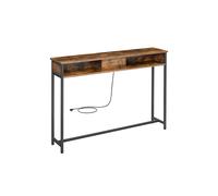 VASAGLE Mesa de Consola Delgada con Multienchufe, Mesa de sofá con 2 Compartimentos, Carga Oculta, Ahorro de Espacio, 25 x 120 x 81 cm, Entrada, Salón, Marrón Rústico y Negro Tinta LNT111K01