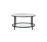 Mesa de Centro Sofá de Mármol de Imitación Redonda Estante de Vidrio, Blanco Mármol + Negro Tinta / 80 x 46 cm