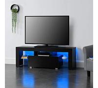 Mesa de Tele con LED 130 x 35 x 45 cm Cómoda - Mueble de salón para TV con Estantes de Vidrio y con Cajón Almacenamiento Negro