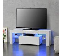 Mesa de Tele con LED 130 x 35 x 45 cm Cómoda Mueble de salón para TV con Estantes de Vidrio y con Cajón Almacenamiento Blanco