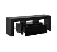 [en.casa] Mesa de Tele con LED 130 x 35 x 45 cm Cómoda - Mueble de salón para TV con Estantes de Vidrio y con Cajón Almacenamiento Negro