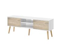 [en.casa] Mesa de Tele Eskilstuna 120 x 29,5 x 46,5 cm Soporte de Televisión Cómoda Mueble de salón para TV 2 Puertas y 2 Estantes Abiertos 5 Patas Almacenamiento Blanco y Efecto Roble