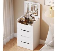 Mesa de tocador compacta 3 en 1 con iluminación LED integrada y taburete rodante, escritorio de maquillaje con parte superior de cristal para uso doméstico