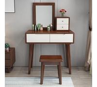 Mesa de tocador compacta con taburete acolchado de espejo y cajón para dormitorio y maquillaje, acabado de nogal blanco, 80 x 40 x 75 cm, diseño elegante y funcional