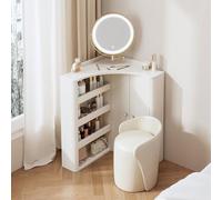 Mesa de tocador con 3 compartimentos de almacenamiento abiertos ajustables para iluminación de color, perfecta para dormitorio y sala de estar, ideal para espacios pequeños, estación de maquillaje