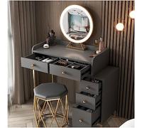 Mesa de tocador con espejo e iluminación, 90 cm, de madera, color gris, 5 cajones, para dormitorio, tocador, elegante estación de maquillaje con taburete