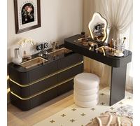 Mesa de tocador con espejo y armario de almacenamiento, escritorio de maquillaje en forma de L con parte superior de vidrio templado y cajón para muebles de dormitorio