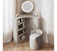 Mesa de tocador de maquillaje con espejo e iluminación ajustable, diseño de esquina con almacenamiento abierto para dormitorio y sala de estar, perfecto para espacios pequeños