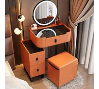 Mesa de tocador de maquillaje con luces LED, parte superior de vidrio templado, 3 cajones y taburete de almacenamiento, tocador compacto para espacios pequeños, 3 modos de iluminación