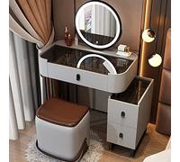 Mesa de tocador de maquillaje con luz LED con parte superior de vidrio templado, taburete de almacenamiento y 3 cajones, 3 modos de iluminación ajustables, tocador elegante que ahorra espacio para