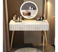Mesa de tocador de maquillaje LED regulable con cajón y compartimentos, tocador blanco para dormitorio o sala de maquillaje, taburete opcional incluido, diseño elegante y funcional