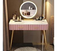 Mesa de tocador de maquillaje LED regulable con cajón y compartimentos, tocador rosa para dormitorio o sala de maquillaje, taburete opcional, diseño moderno, elegante y funcional