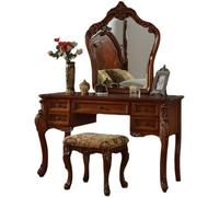 Mesa de tocador de maquillaje vintage de mediados de siglo de 39 pulgadas con 5 cajones y espejo, taburete tapizado, acabado marrón antiguo, elegante tocador para mujeres y niñas, 100 x 48 x 78 cm