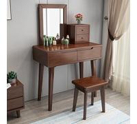 Mesa de tocador de nogal con espejo, taburete tapizado y cajón, mesa de tocador compacta para dormitorio, 80 x 40 x 75 cm, elegante estación de maquillaje para espacios pequeños