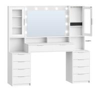 Mesa de tocador grande de 150 cm con iluminación LED y regleta de alimentación, tocador con espejo, configuración de luz de , 10 cajones, almacenamiento de joyas, -plata