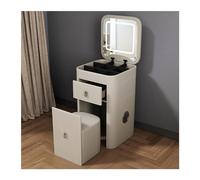 Mesa de tocador para espacios pequeños, escritorio de maquillaje de piel sintética con espejo iluminado ajustable y taburete acolchado, elegante estación de maquillaje blanca con espejo