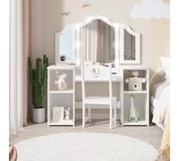 Mesa de tocador para niños, juego de escritorio y silla de maquillaje de princesa, espejo desmontable de tres pliegues, estantes de almacenamiento abiertos, tocador de madera para niñas, juego de