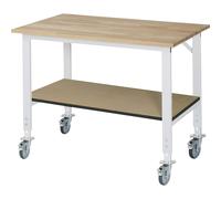 Mesa de trabajo con estante, rodante RAU, tablero de haya, grosor 25 mm