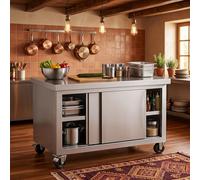 Mesa de trabajo de acero inoxidable, mesa de preparación resistente con gabinete, estación de cocina móvil con puertas correderas para uso comercial, 100 x 50 x 80 cm