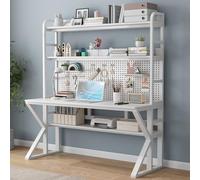 Mesa de trabajo de madera maciza con estantes de almacenamiento y tablero perforado - Mesa de trabajo grande y moderna para escribir, para estudio en la oficina en casa - Diseño resistente (blanco 31)