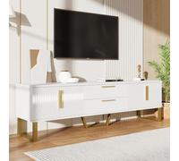 Mesa de TV con 4 puertas, mesa de televisión con asas y patas doradas, armario de TV brillante para televisores de hasta 75 pulgadas, con 2 cajones, para salón, color blanco, 170 x 40 x 53 cm