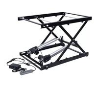 Mesa elevadora eléctrica con actuador lineal doble, controlador manual y adaptador de corriente para elevación de alta carga en aplicaciones industriales