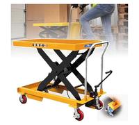 Mesa elevadora hidráulica portátil, diseño de tijera doble, capacidad de 150 kg, ruedas traseras con bloqueo, altura ajustable, mesa de trabajo para un fácil levantamiento y transporte