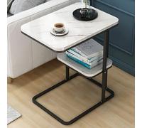 Mesa Forma C, Mesa Auxiliar pequeña de Doble Capa, Mesas Auxiliar Moderna con Extremo de café sofá mesita Noche Estructura Metal (Modelo de doble capa Estructura negra con textura blanca, 50*30*58)