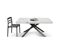 Mesa Forte dei Marmi de madera, acabado blanco estatuario y base de metal negro, extensible 140 x 90 cm - 220 x 90 cm